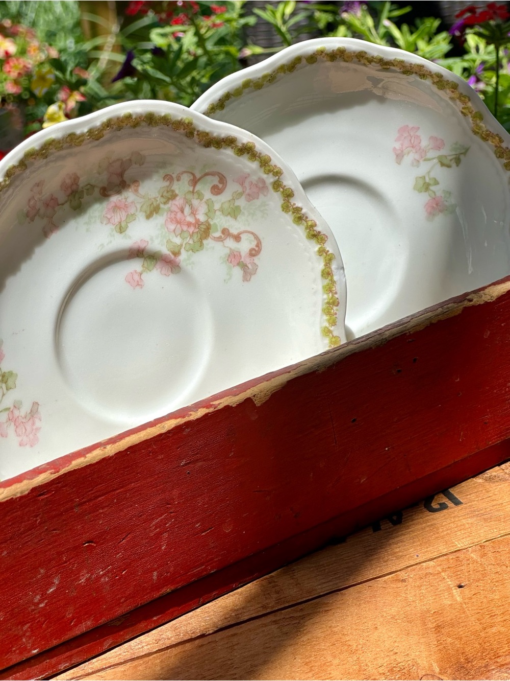 A Lanternier Limoges France Floral Saucers Set of 2 Pink and Gold Vintage